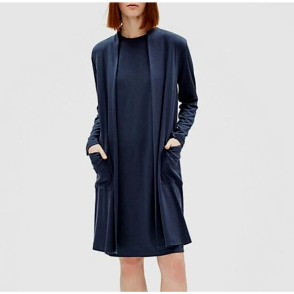 EILEEN FISHER Fluid Tencel Open Front Cardigan Sweater Size XL Navy Blue Pockets - Picture 1 of 9